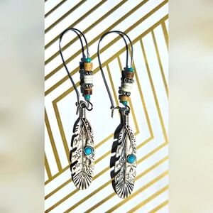 Silver Feather Earrings with Turquoise Accents